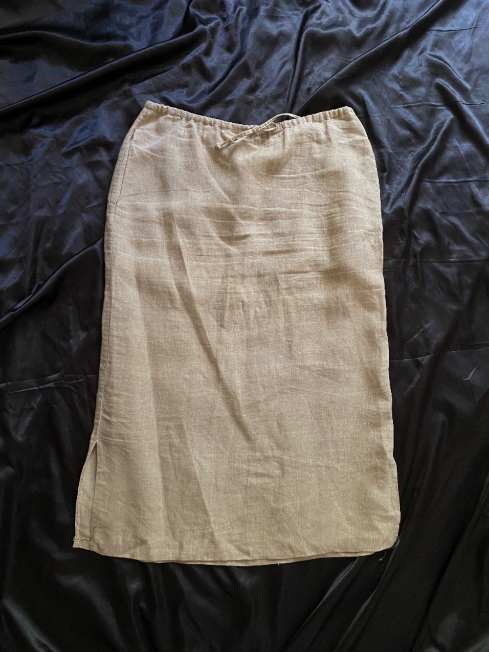 Vintage 1990s DKNY Jeans Tan Linen Midi Skirt Petite Small Minimalist